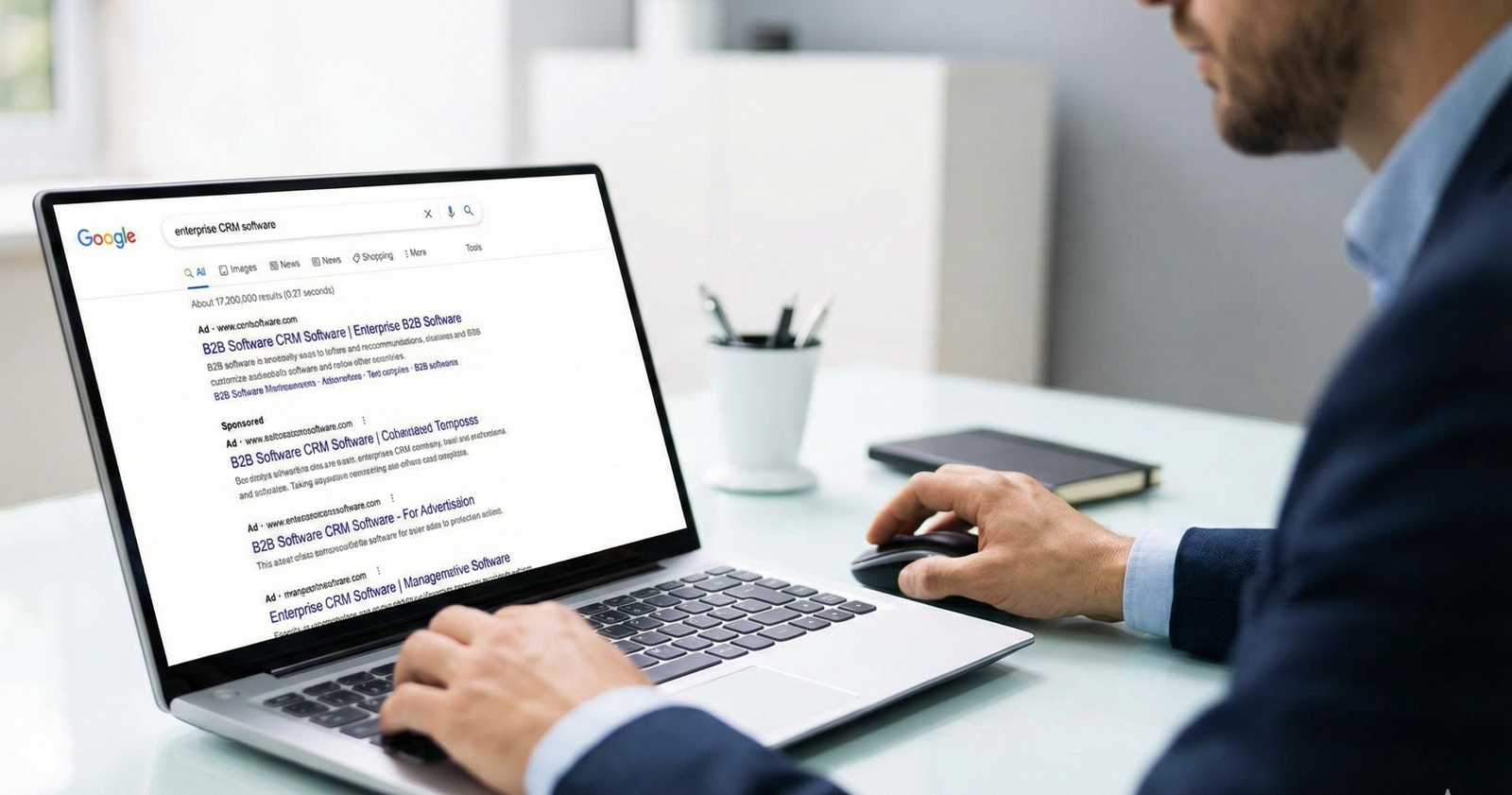 Google Ads vs Facebook Ads : Quel est le Meilleur Levier pour la Génération de Leads B2B ? 2 Un utilisateur professionnel effectuant une recherche transactionnelle sur Google Ads