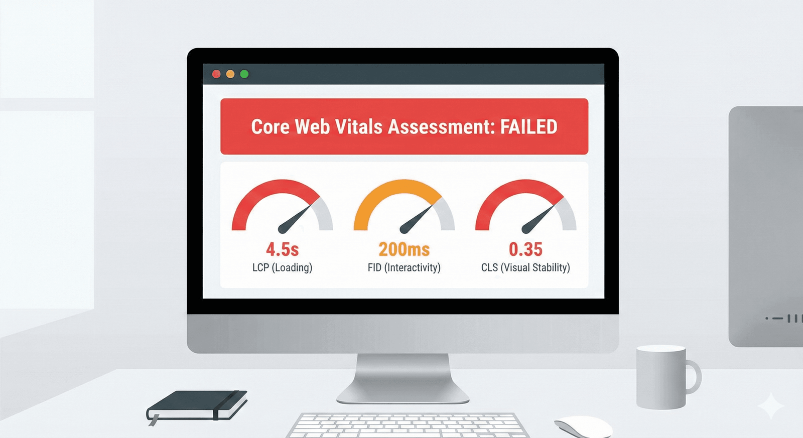 Pourquoi Votre Trafic Web Baisse-t-il ? (Et Comment le Corriger en 2026) 2 Écran d'ordinateur affichant un diagnostic de performance web défaillant.