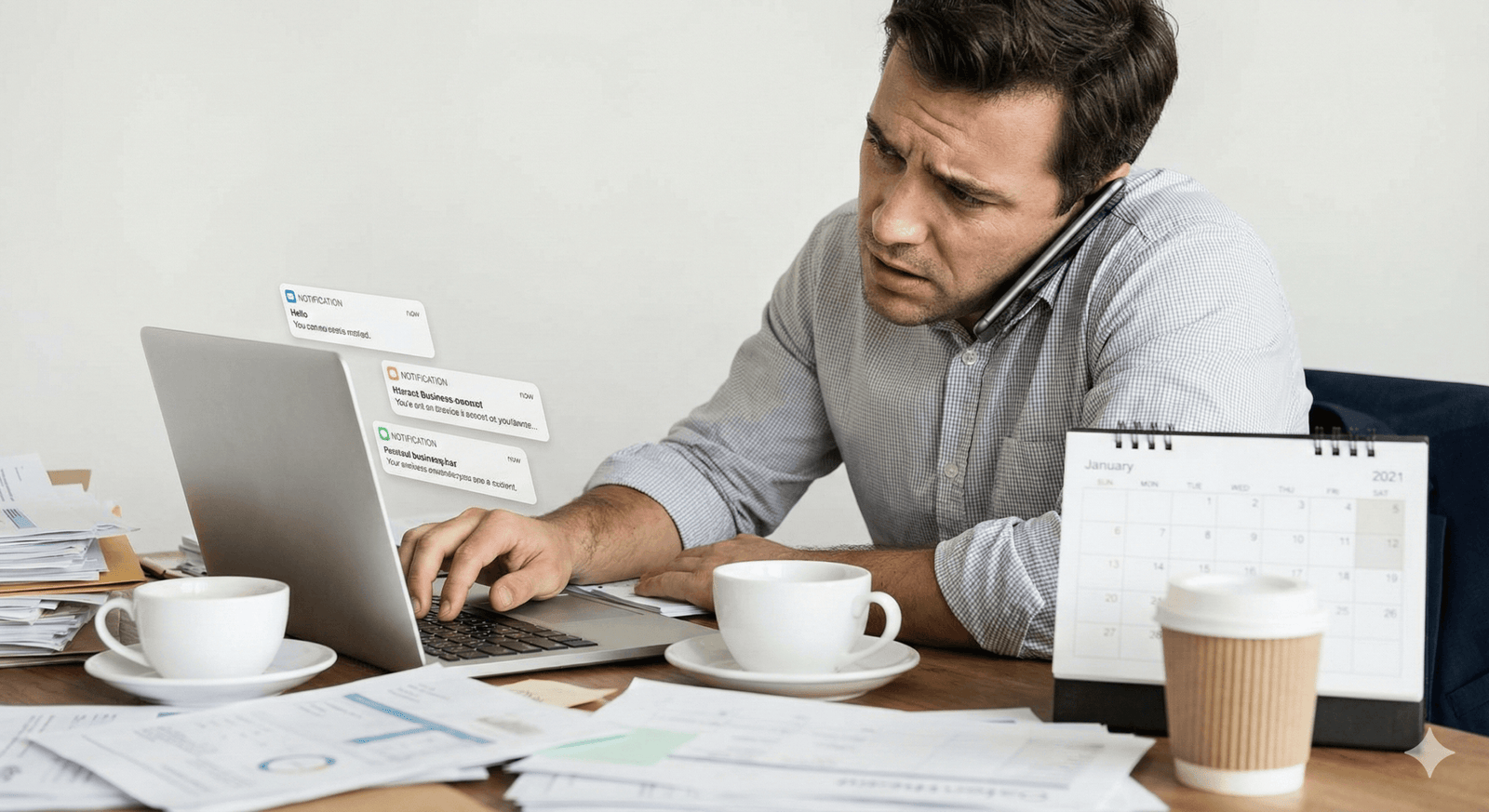 5 Signes Indiquant Que Vous Devez Engager une Agence de Marketing Digital au Lieu d'un Freelance 4 Homme stressé travaillant sur son ordinateur avec des documents et un calendrier.