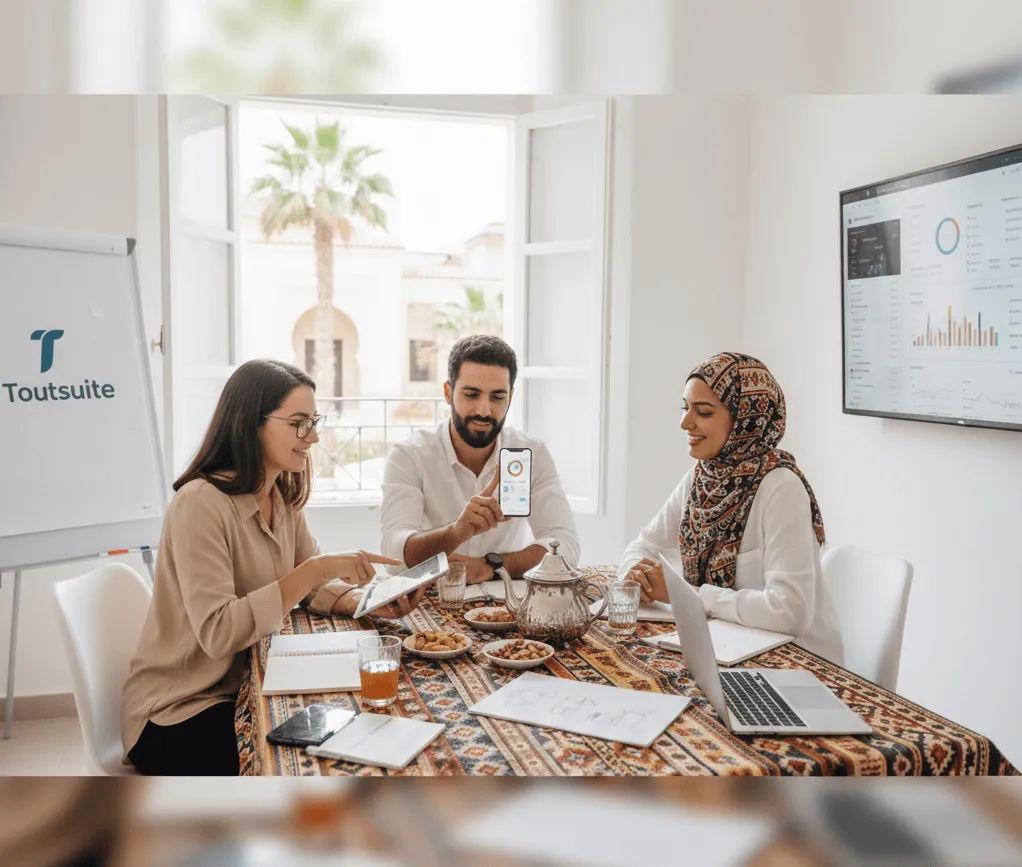 Gestion d’équipe lors d’une réunion d’affaires avec présentation numérique. Réunion d'affaires avec équipe diverse utilisant des outils numériques pour la gestion.