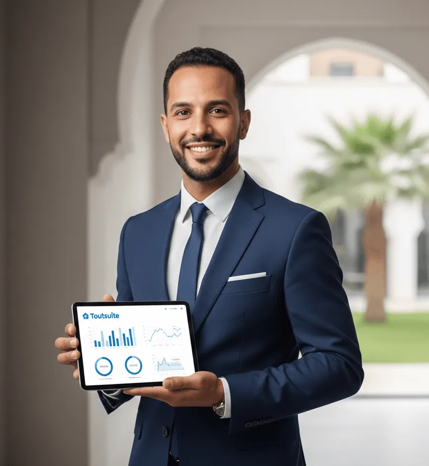 Gestion d’affaires avec tableau de bord numérique. Homme d'affaires en costume tenant une tablette affichant des graphiques.