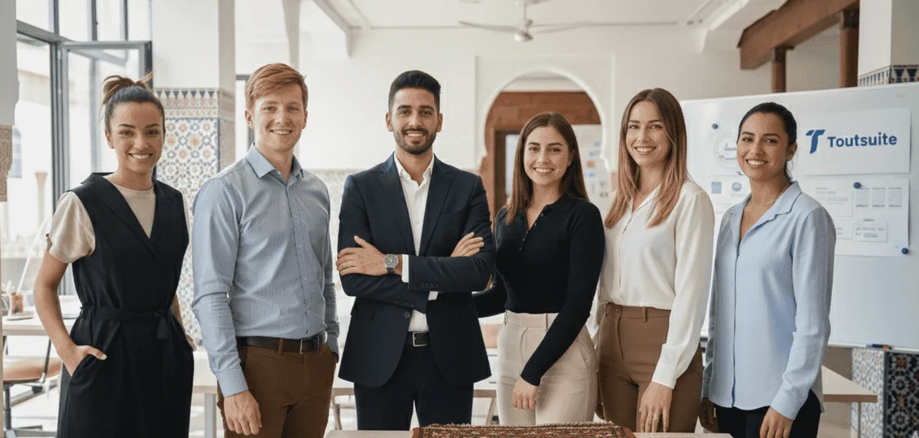 Équipe professionnelle de Toutesuite lors d'une réunion d'affaires dans un bureau moderne.